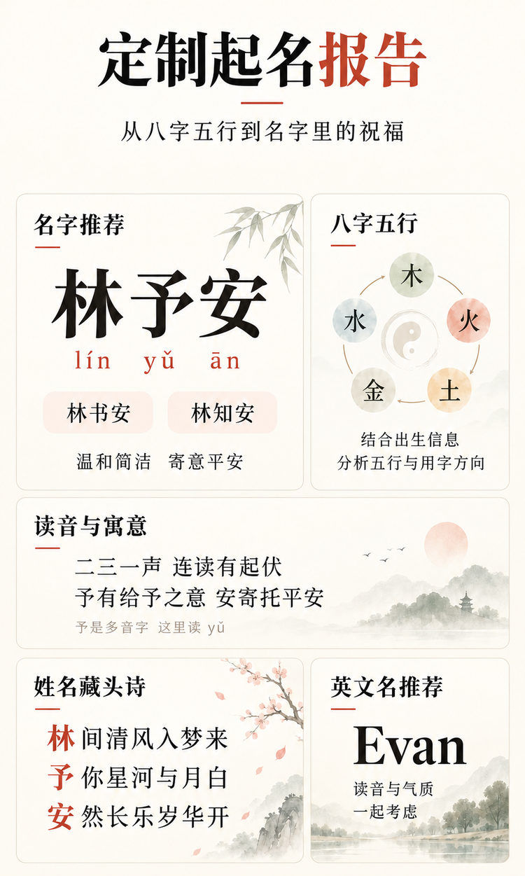 定制起名报告 组合展示八字五行 名字推荐 读音与寓意 姓名藏头诗 英文名推荐
