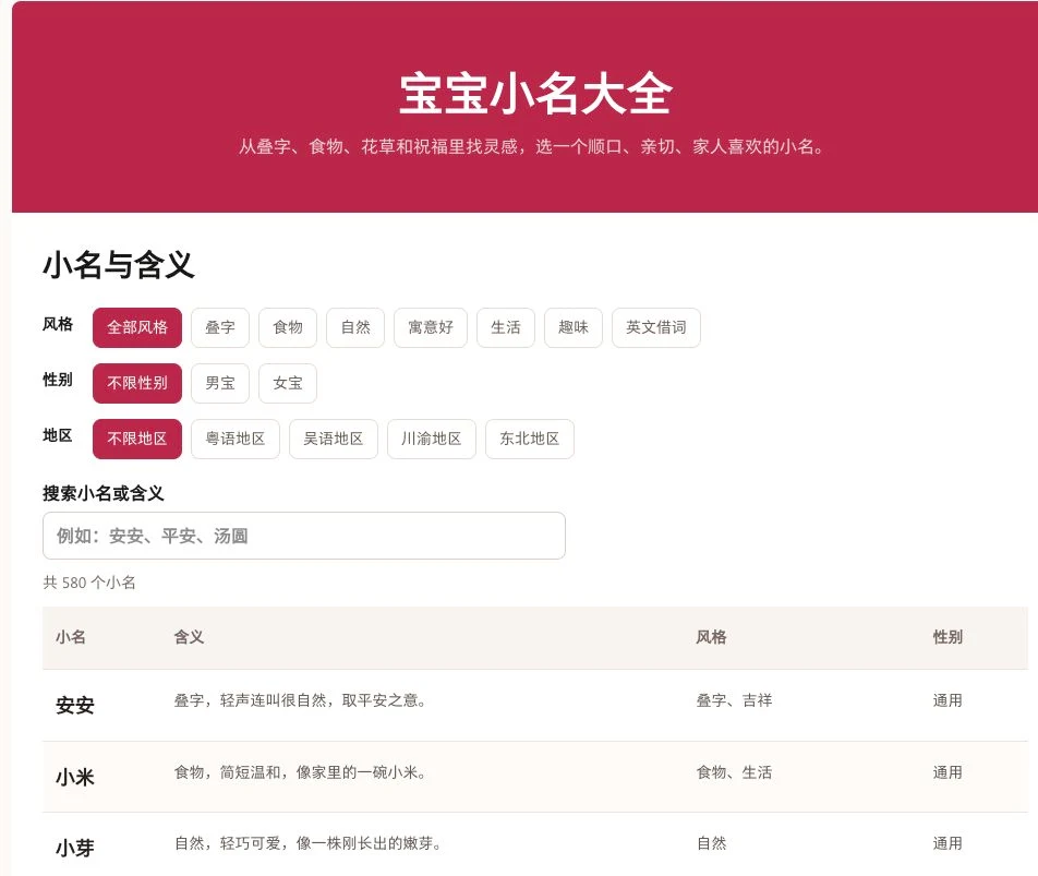 圆桌起名免费起小名界面,展示风格、性别和地区筛选,以及小名和含义列表